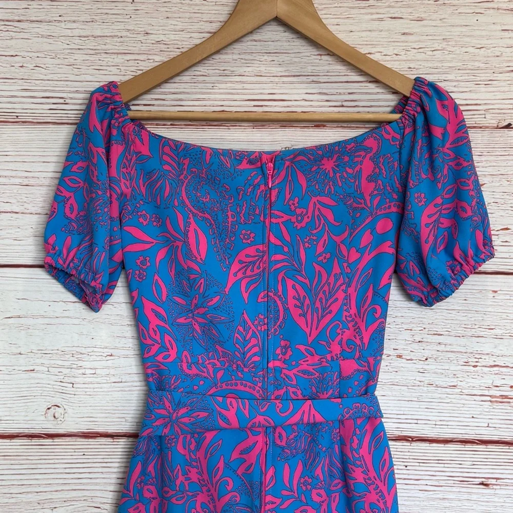 Lilly Pulitzer Jada Off The Shoulder Romper in Aura Pink Leaf An Impression Sz 2 - Picture 13 of 16